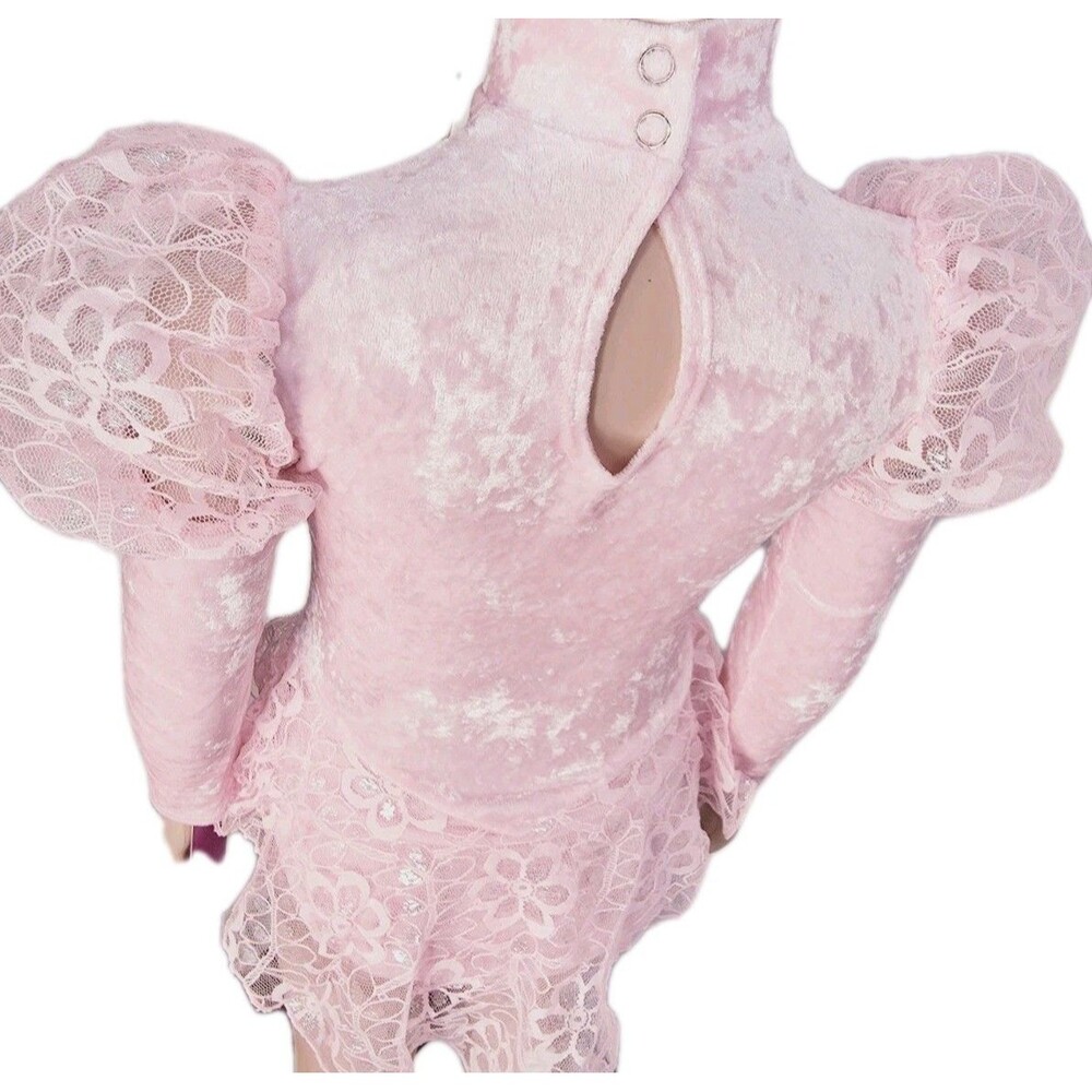 Gilda Marx VTG High Neck Velvet Lace Keyhole Pink Leotard Skate Dress Girls 8/10 - Picture 8 of 16